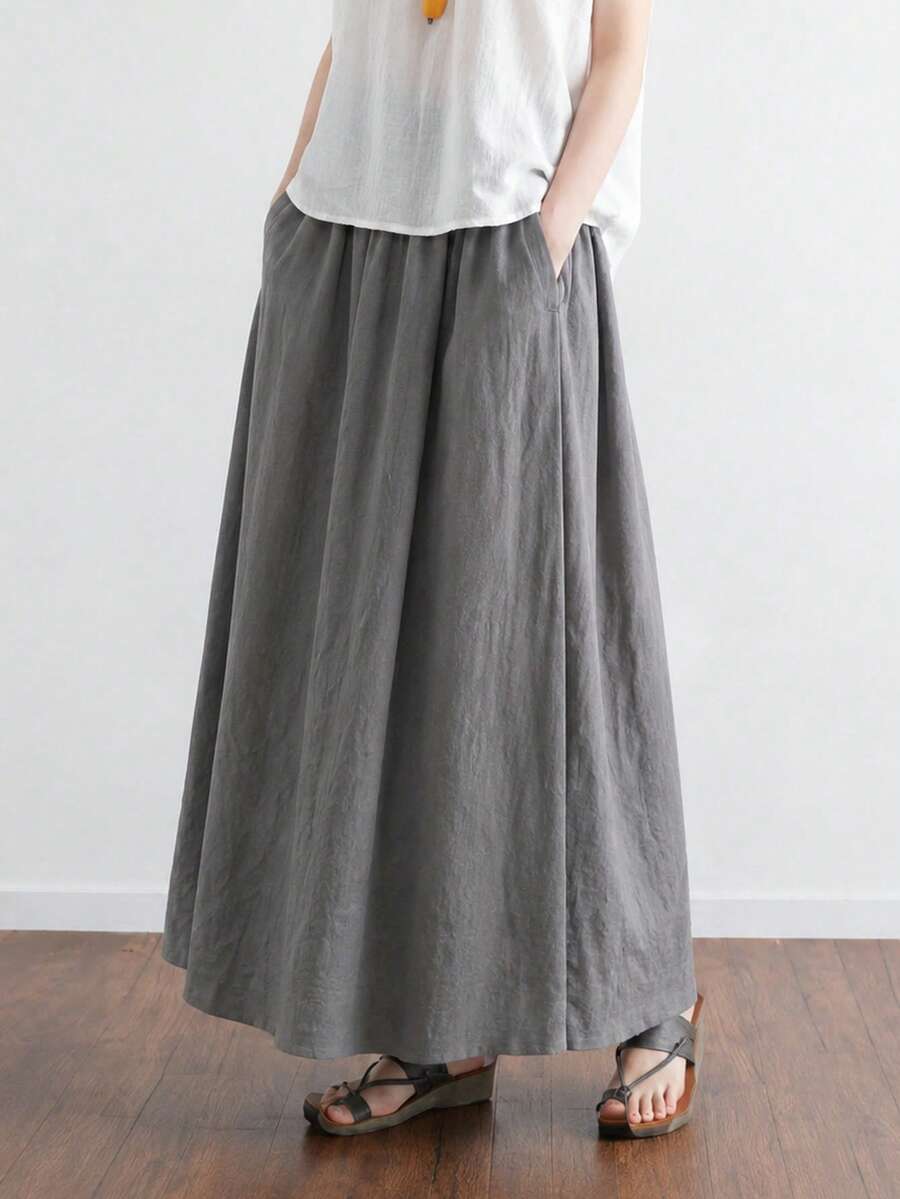 SHEIN Spring Summer Autumn New Women's Solid Color Vintage Style Mid-Length Skirt, Ramie Linen Loose Fit, With Pockets, Elegant Casual Design For Spring And Autumn - Grey - View 1