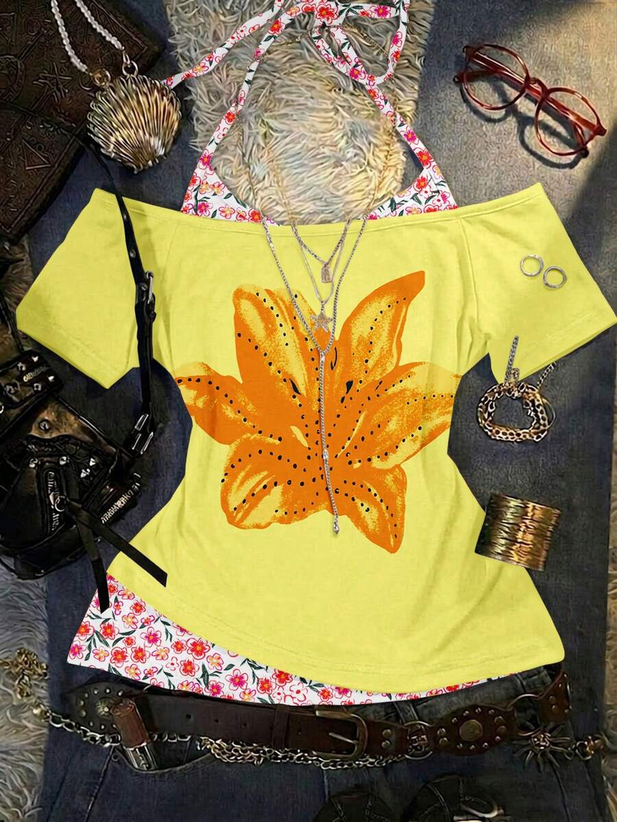 Attitoon Women's Floral Print 2 In 1 Colorblock Casual Versatile Halter Neck T-Shirt - Multicolor - View 1