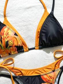 Swim Mod 女款兩件式比基尼泳衣套裝，花卉印花與純色拼接，掛脖繫帶設計，夏季度假海灘穿搭 - 彩色 - 查看 3