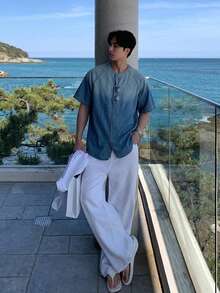 DAZY 男士短袖藍色字母刺繡圓領牛仔襯衫 - 藍色 - 查看 3