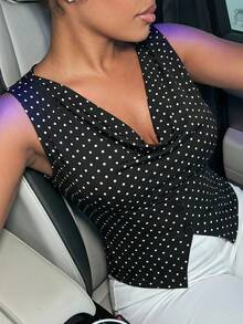 Radiana Black And White Polka Dot Print Sleeveless Cropped Top Draped Neckline Button Details 80s 90s Sexy Going Out Club Dinner Date Night Party Summer - Black - View 3
