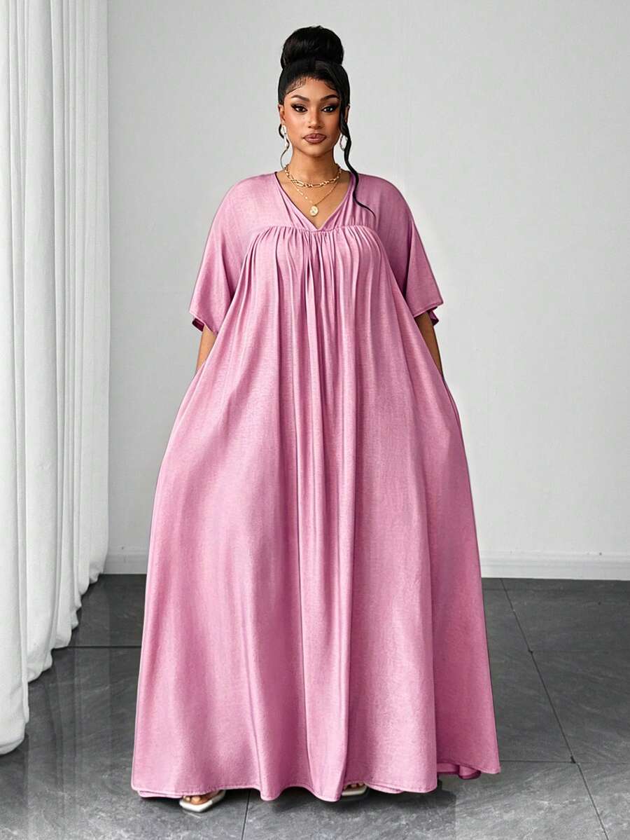 Maweii Plus Size Summer Casual Solid Color Dress - Pink - View 1