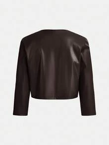 SHEIN Essnce 女款純色PU皮革長袖百褶設計開襟夾克 - 咖啡棕 - 查看 2