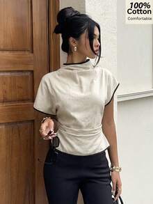 Siren Gaze 女款夏季抓皺領不對稱袖側腰抓皺顯瘦通勤杏色竹纖維亞麻面料襯衫，對比色飾邊襯衫，四季皆宜 - 杏色 - 查看 2