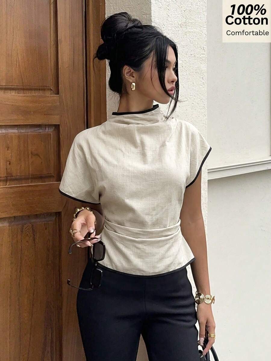 Siren Gaze 女款夏季抓皺領不對稱袖側腰抓皺顯瘦通勤杏色竹纖維亞麻面料襯衫，對比色飾邊襯衫，四季皆宜