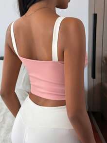 DAZY Contrast Color Shoulder Strap Padded Cropped Sports Bra For Women - Pink - View 2