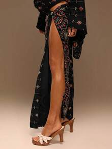 MUSERA Linen Sequin Detail Asymmetric Maxi Skirt Summer Beach Vacation Sexy Cute Boho Travel Festival Pocha - Black - View 3