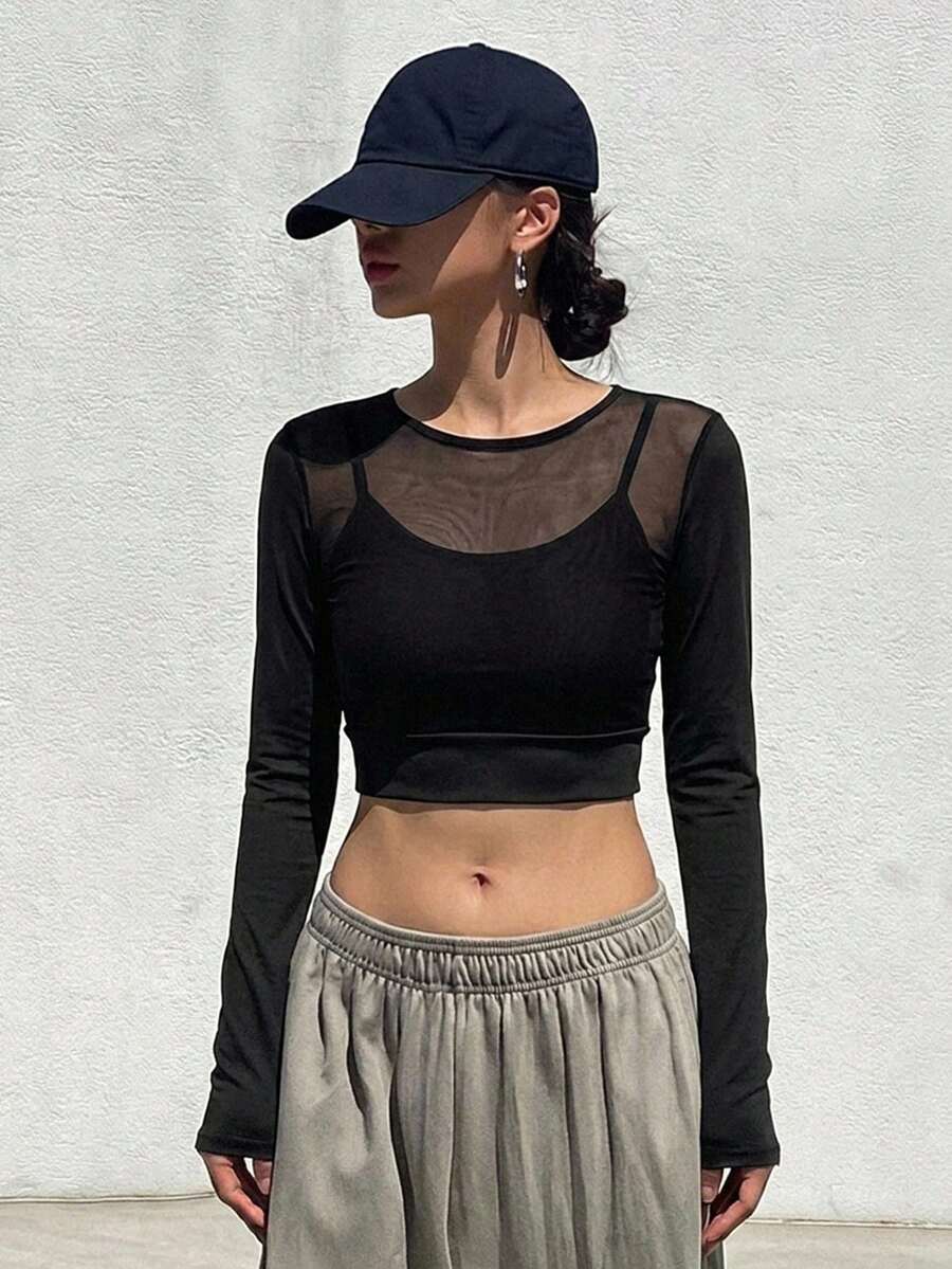DAZY Women's Sheer Mesh Patchwork Cropped Jacket - Black - View 1