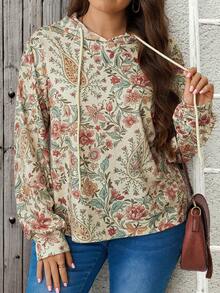 EMERY ROSE Plus Size Floral Print Sweatshirt Vacation Trail Ride Beige Summer Business Casual Fall - Multicolor - View 8