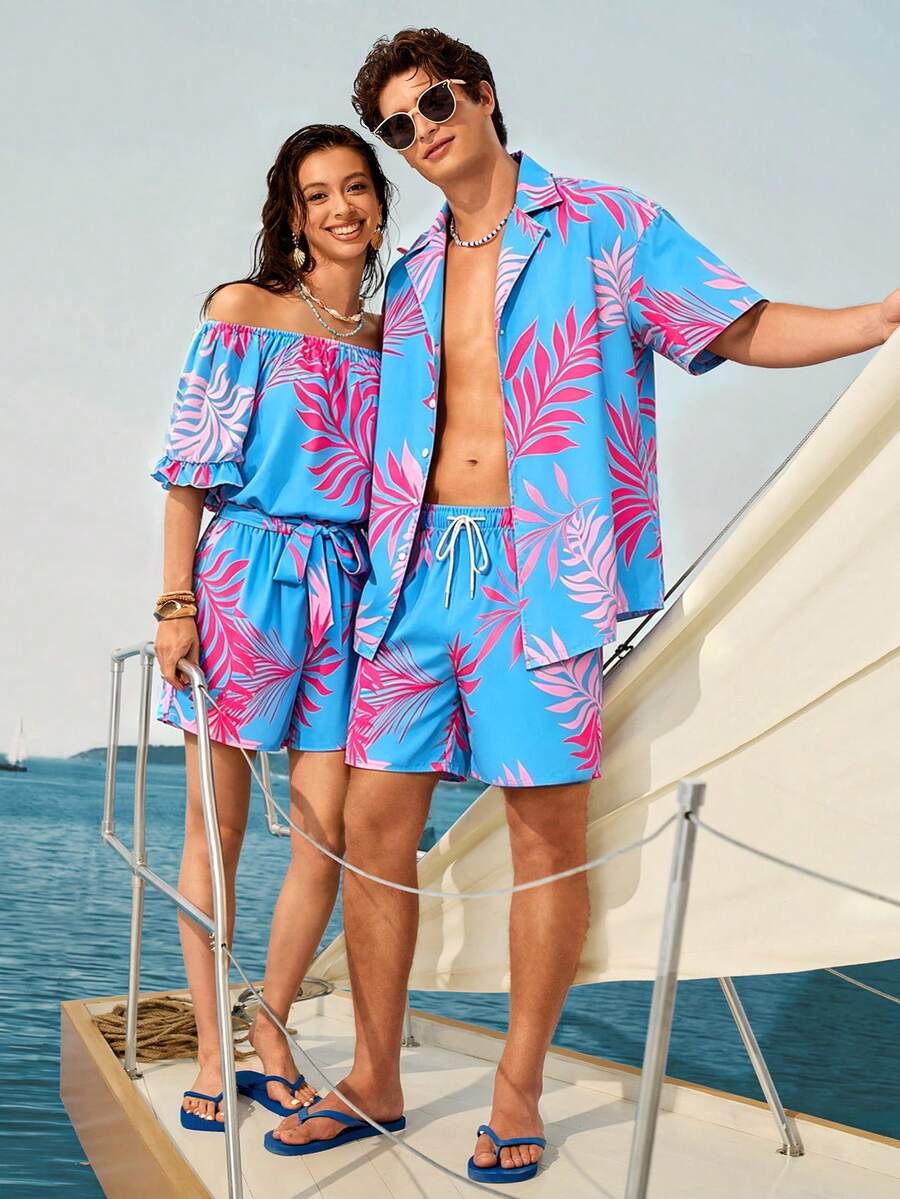 Manfinity VDAYZ Men's Tropical Plant Print Short Sleeve Shirt And Shorts Beach Set - Blue - View 1