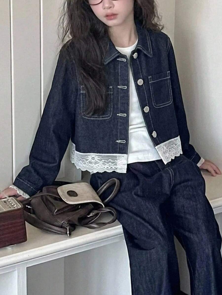 女童 Y2K 休閒深藍色牛仔蕾絲飾邊拼接長袖短版夾克,適合夏季/秋季,返校季 - 深色水洗藍 - 查看 1