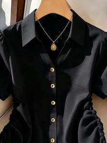 Franclia Camisa casual de verano para mujer de unicolor con cordón lateral - Negro - Ver 3