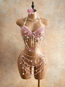 Mistrie Women's Summer Beach Beaded Shell Crystal Halter Bikini Top And Skirt Decoration Set - Pink - View 1