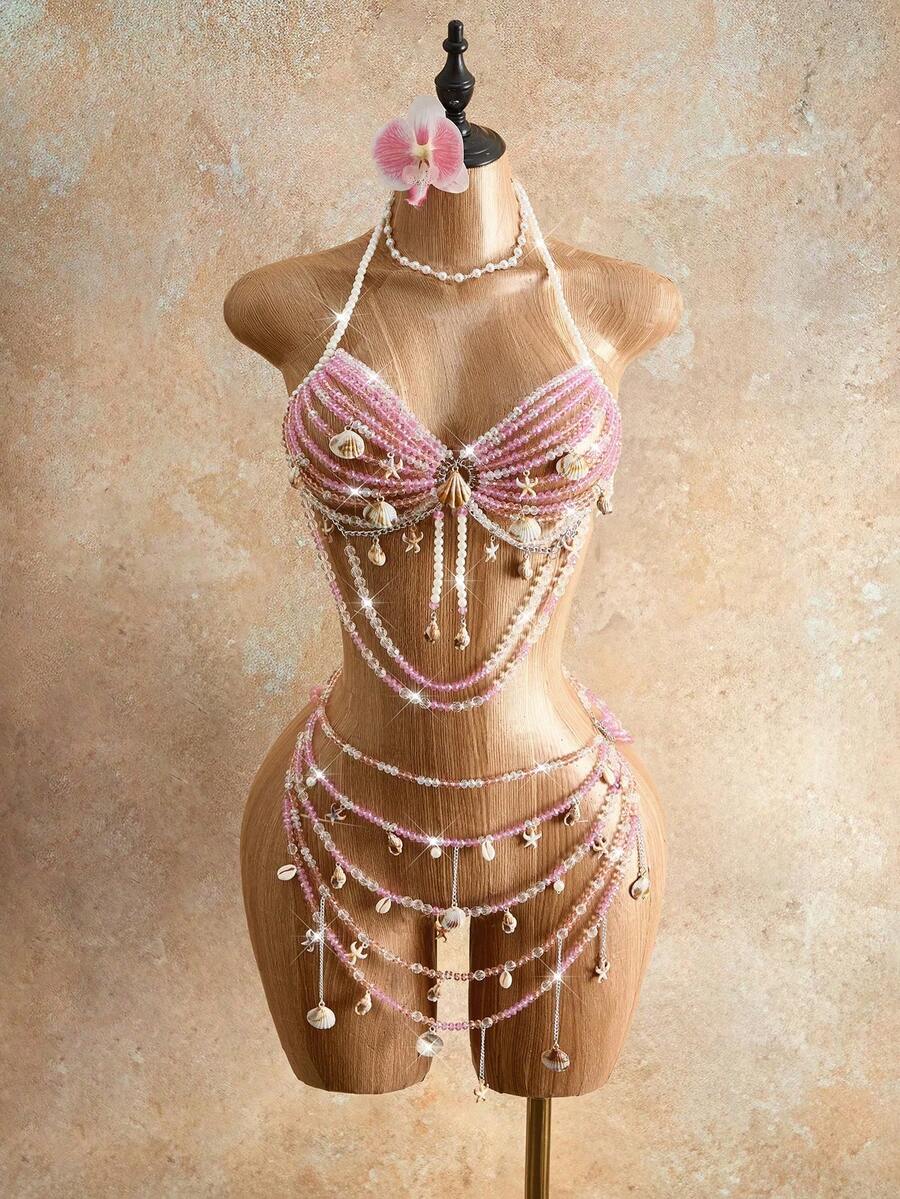 Mistrie Women's Summer Beach Beaded Shell Crystal Halter Bikini Top And Skirt Decoration Set - Pink - View 1