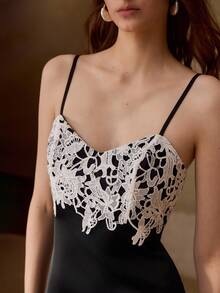 MOTF PREMIUM WOMEN'S SUMMER CONTRAST LACE SHORT STRAP DRESS - Black - View 2