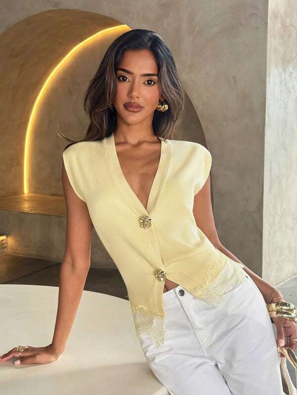Aloruh Pale Yellow Knitted Cardigan With Lace Patchwork Front And Metal Buttons