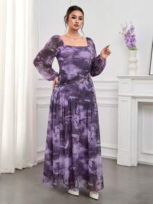 Modelyn Rochie elegantă pentru femei mărimi mari, tie-dye, cu decolteu pătrat, mânecă lanternă, talie și decorațiune metalică - Violet - View 4