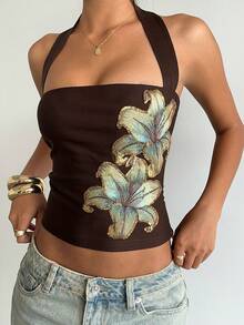 Aloruh Top de mujer con estampado floral, fruncido, ajuste ceñido y cuello halter, versátil para citas y salidas - Marrón - Ver 7