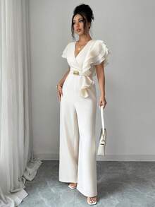 Elenzga Spring/Summer New Commuter V-Neck Design Asymmetric Ruffle Waist-Cinched Slimming Drapey Straight Leg Women's Jumpsuit - Apricot - View 5