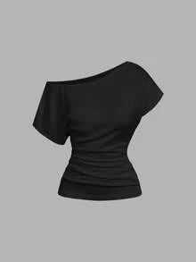 SHEIN MOD 女款純色不對稱肩抓皺休閒百搭日常T恤 - 彩色 - 查看 7