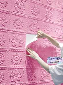 10pcs 3D XPE Foam Material Retro Romantic Embossed Flower Pattern Wall Paper, Anti-Collision Foam Wall Stickers, Colorful, Easy-To-Clean, Self-Adhesive Crashproof Wall Sticker - pink - View 1