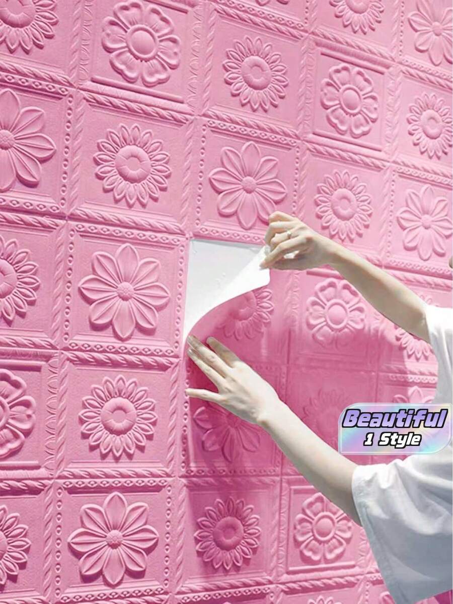 10pcs 3D XPE Foam Material Retro Romantic Embossed Flower Pattern Wall Paper, Anti-Collision Foam Wall Stickers, Colorful, Easy-To-Clean, Self-Adhesive Crashproof Wall Sticker - pink - View 1