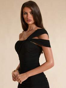 SHEIN BAE Gaun Jala Hitam Polos Leher Asimetris Belahan Tinggi untuk Musim Semi/Panas, Pesta Pernikahan, Malam Hari, Koktail, Halloween, Makan Malam, Seksi, Elegan - Hitam - View 2