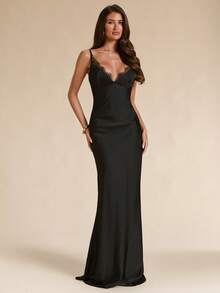 SHEIN BAE Spring/Summer Solid Black Satin Elegant Sexy Lace Patchwork Women's Extra Long Satin Dress Dinner Date - Black - View 7