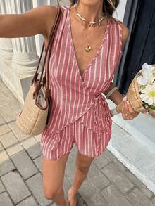 Serisse Women's Vacation Casual Boho Dusty Pink Tie-Front Wrap Tank Top And Shorts 2 Pieces Set Beach Summer - Red and White - View 6