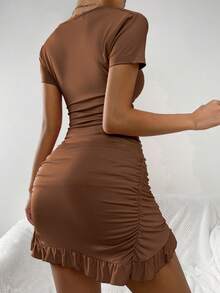 Allurite Sexy Tied Cutout Front Ruffle Trim Wrap Hem Dress - Coffee Brown - View 2