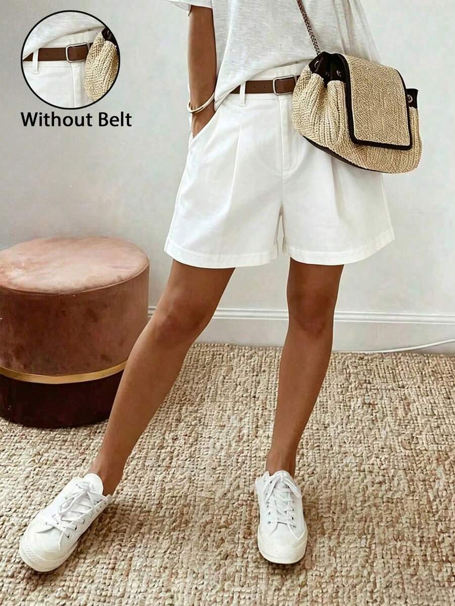 SHEIN Holidaya Women's Solid Color Pocket Casual Versatile Daily Wear Shorts - White - View 1