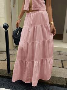 SHEIN EZwear 女款休閒度假多層蛋糕裙，適合夏季 - 粉色 - 查看 3