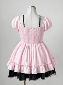 Sunspun Plus Size Women's Patchwork Polka Dot Pattern Bow Decor Ruffle Hem Blouse - Baby Pink - View 2