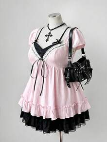 Sunspun Plus Size Women's Patchwork Polka Dot Pattern Bow Decor Ruffle Hem Blouse - Baby Pink - View 7