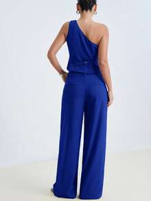 Aveloria Modichic Desain Asimetris Satu Bahu, Elemen Kancing Dekoratif, Celana Panjang Lebar Lurus Pinggang Tinggi, Potongan Slim Fit, Kain Poliester Nyaman. Kata Kunci Populer: Set Ukuran Standar, Tank Top Satu Bahu, Celana Panjang Lebar, Detail Kancing, Pakaian Kantor, Gaya Mewah, Potongan Slim Fit, Koleksi Musim Panas Terbaru, Kustomisasi Kelas Atas. Set Dua Potong Wanita untuk Perjalanan & Kencan - Royal Blue - View 2