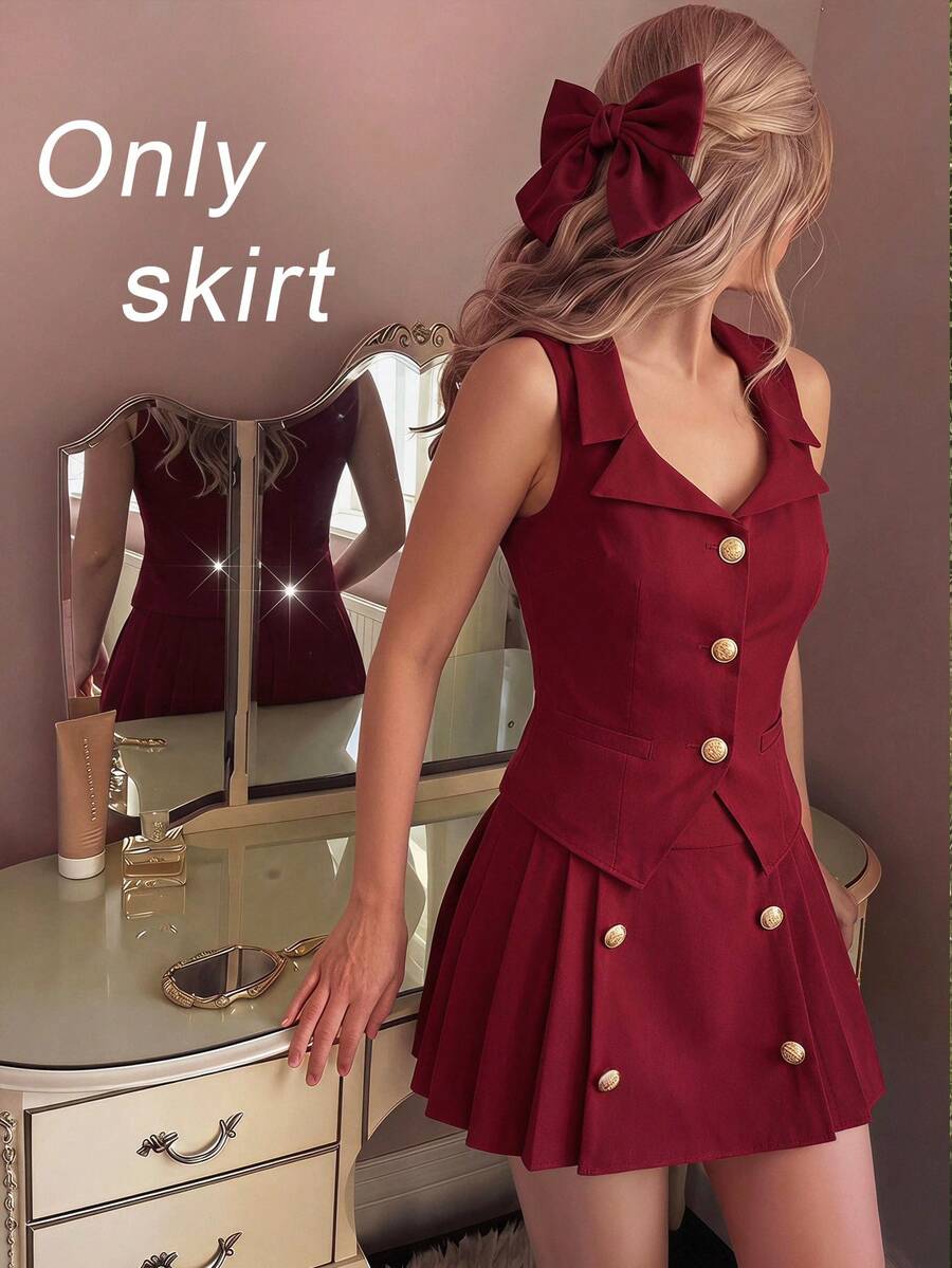 SHEIN MOD Falda plisada con diseño de botones metálicos para mujer - Burdeos - Ver 1