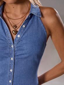 TRNVIE Sommerliches lässiges Denim-Kleid mit Knopfleiste vorne, elastischem Neckholder-Ausschnitt - Helle Waschung - Übersicht 7