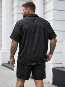 DRIVNCORE 2 件套加大码男士豹纹纽扣前短袖衬衫和短裤休闲装，舒适装 - 黑色 - 查看 2