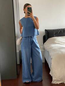 DAZY Women's Casual Loose Denim Round Neck Tank Top And Pants Set Petite - Blue - View 3
