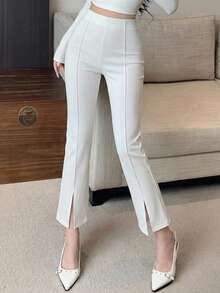 DAZY Damen einfarbige modische schmale elegante lange Hose mit Seitenschlitz am Saum, für zierliche Frauen - Weiss - Übersicht 4