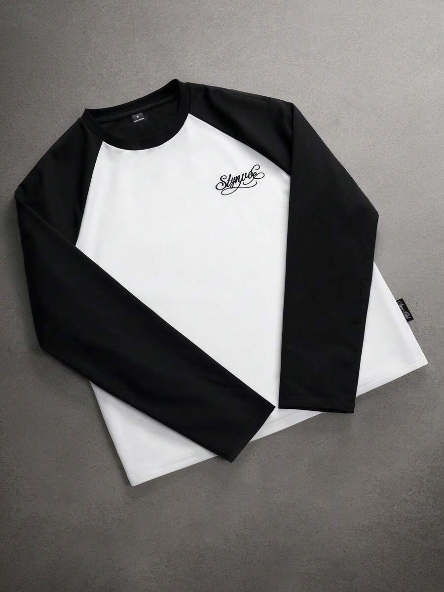 STYNVO Men's Letter Embroidery Contrast Color Long Sleeve Crew Neck Versatile T-Shirt - Black and White - View 1