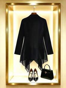 GlowEve CURVE Plus Size Spring/Summer Lightweight Long Sleeve Asymmetrical Chiffon Blazer Vest - Black - View 7