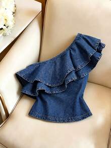GlowEve Women's Summer Casual 90s Denim One Shoulder Ruffle Denim Top Party Night Out Blue - Blue - View 1