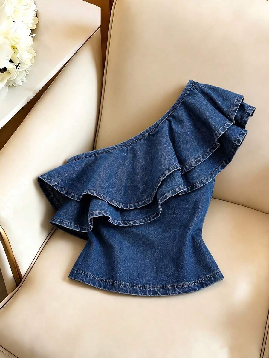GlowEve Women's Summer Casual 90s Denim One Shoulder Ruffle Denim Top Party Night Out Blue - Blue - View 1