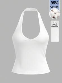 SHEIN BASICS Camiseta de tirantes con cuello halter y abertura lateral en el bajo de unicolor para mujer - Blanco - Ver 5