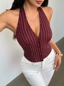 SHEIN PETITE 女款棉質條紋立領單排扣背心薄款西裝外套，秋冬款 - 酒紅色 - 查看 3