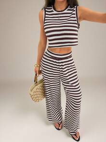 SHEIN PETITE 2pcs/Set Women Striped Camisole And Pants, Casual Summer Outfit - Multicolor - View 6