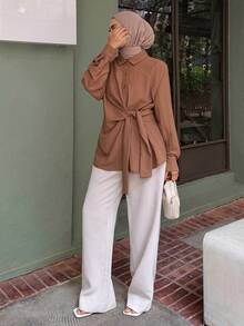 DAZY Women's Long Sleeve Brown Solid Color Fabric Button Front Tie Waist Loose Fit Long Shirt Top Summer Vacation - Watermelon Pink - View 6