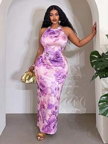 Veslaya Spring/Summer New Elegant Romantic & Vacation Romantic & Date & Party & Evening & Wedding Season & Birthday Party & Travel & Hotel Vacation & Cruise Vacation Elegant Dress Slim Fit Sleeveless Halter Neck Bodycon Romantic Floral Print Elastic Knit Women Plus Size Maxi Dress-A - Purple - View 1