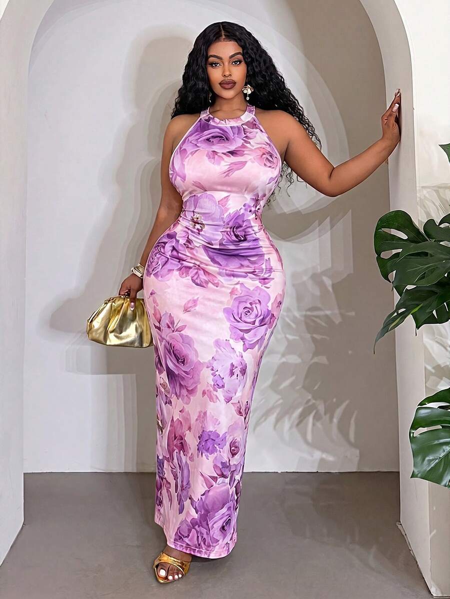 Veslaya Spring/Summer New Elegant Romantic & Vacation Romantic & Date & Party & Evening & Wedding Season & Birthday Party & Travel & Hotel Vacation & Cruise Vacation Elegant Dress Slim Fit Sleeveless Halter Neck Bodycon Romantic Floral Print Elastic Knit Women Plus Size Maxi Dress-A - Purple - View 1